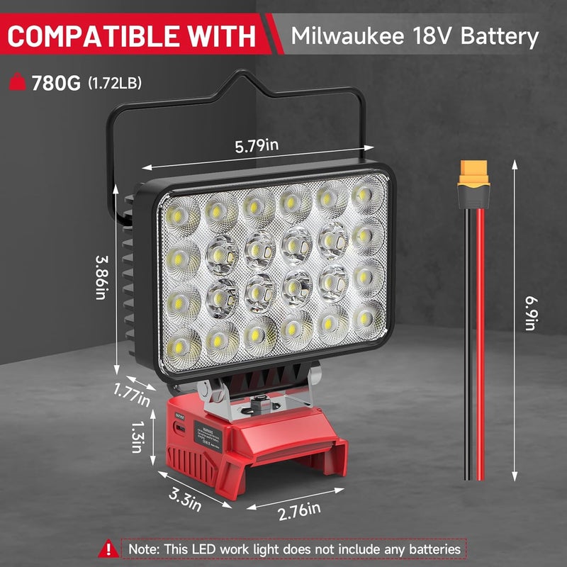 Azocek New Upgrade LED Work Light Compatible with Mil-wau-kee 18V Battery, 72W 7200LM Flashlight, 18V Battery Cordless Work Light with Low Voltage Protection & Dual USB & Type-C Charging Port (72W) - Image 2